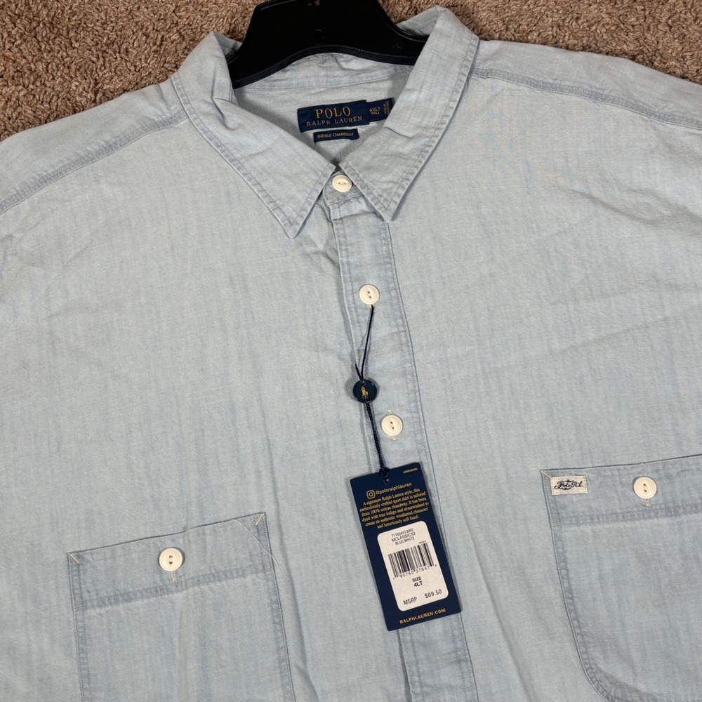 Polo Ralph Lauren Men 4XLT Indigo Chambray Short Sleeve Button Down Shirt Blue